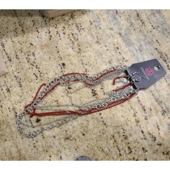 Paparazzi Red Silver Tone Lot Set of 3. 1-Necklace 2-Earrings - Picture 6 of 7